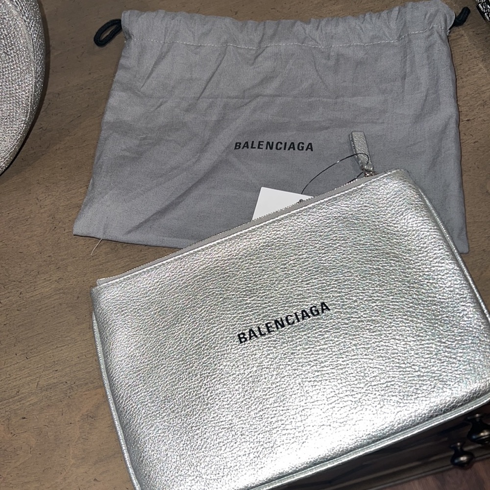 Balenciaga Silver Metallic Leather Clutch Wristlet - Picture 1 of 6